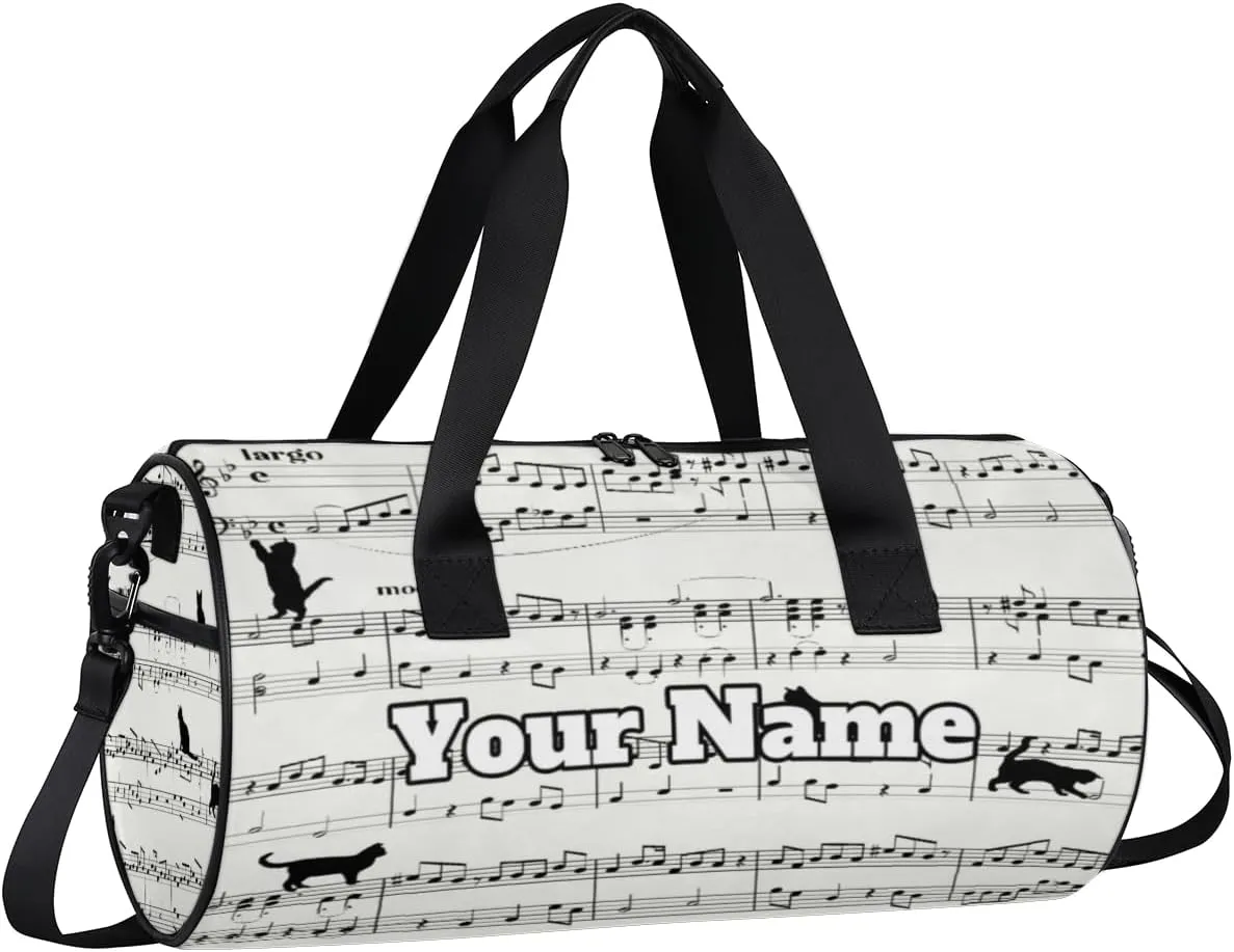 Personalized Name Gym Bag for Women, Customized Musical Notes Cylinder Sports Bags for Men, Waterproof Weekender Bag, Duffle Bags for Travel Swim Dance, Cat Print