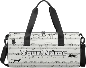 Personalized Name Gym Bag for Women, Customized Musical Notes Cylinder Sports Bags for Men, Waterproof Weekender Bag, Duffle Bags for Travel Swim Dance, Cat Print