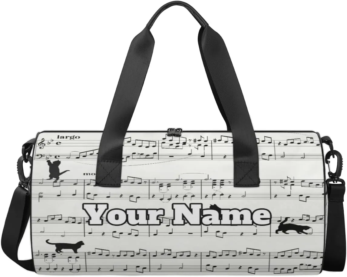 Personalized Name Gym Bag for Women, Customized Musical Notes Cylinder Sports Bags for Men, Waterproof Weekender Bag, Duffle Bags for Travel Swim Dance, Cat Print