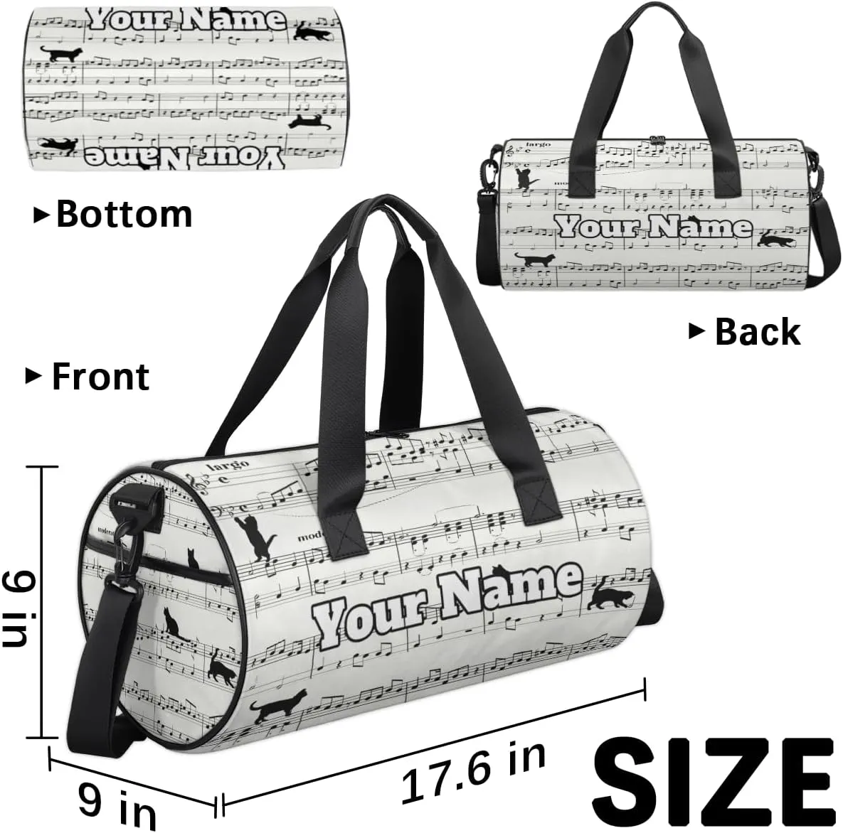 Personalized Name Gym Bag for Women, Customized Musical Notes Cylinder Sports Bags for Men, Waterproof Weekender Bag, Duffle Bags for Travel Swim Dance, Cat Print