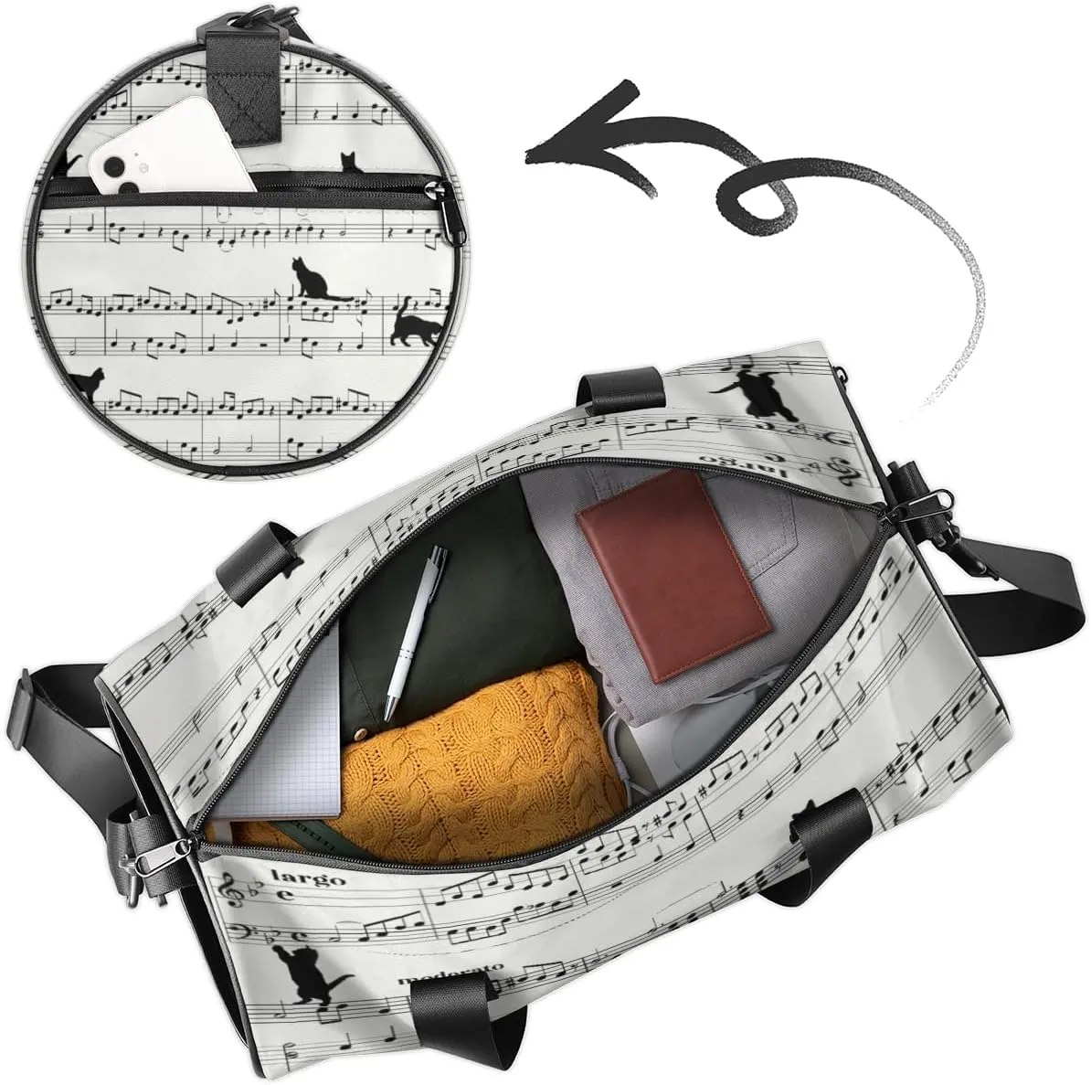 Personalized Name Gym Bag for Women, Customized Musical Notes Cylinder Sports Bags for Men, Waterproof Weekender Bag, Duffle Bags for Travel Swim Dance, Cat Print