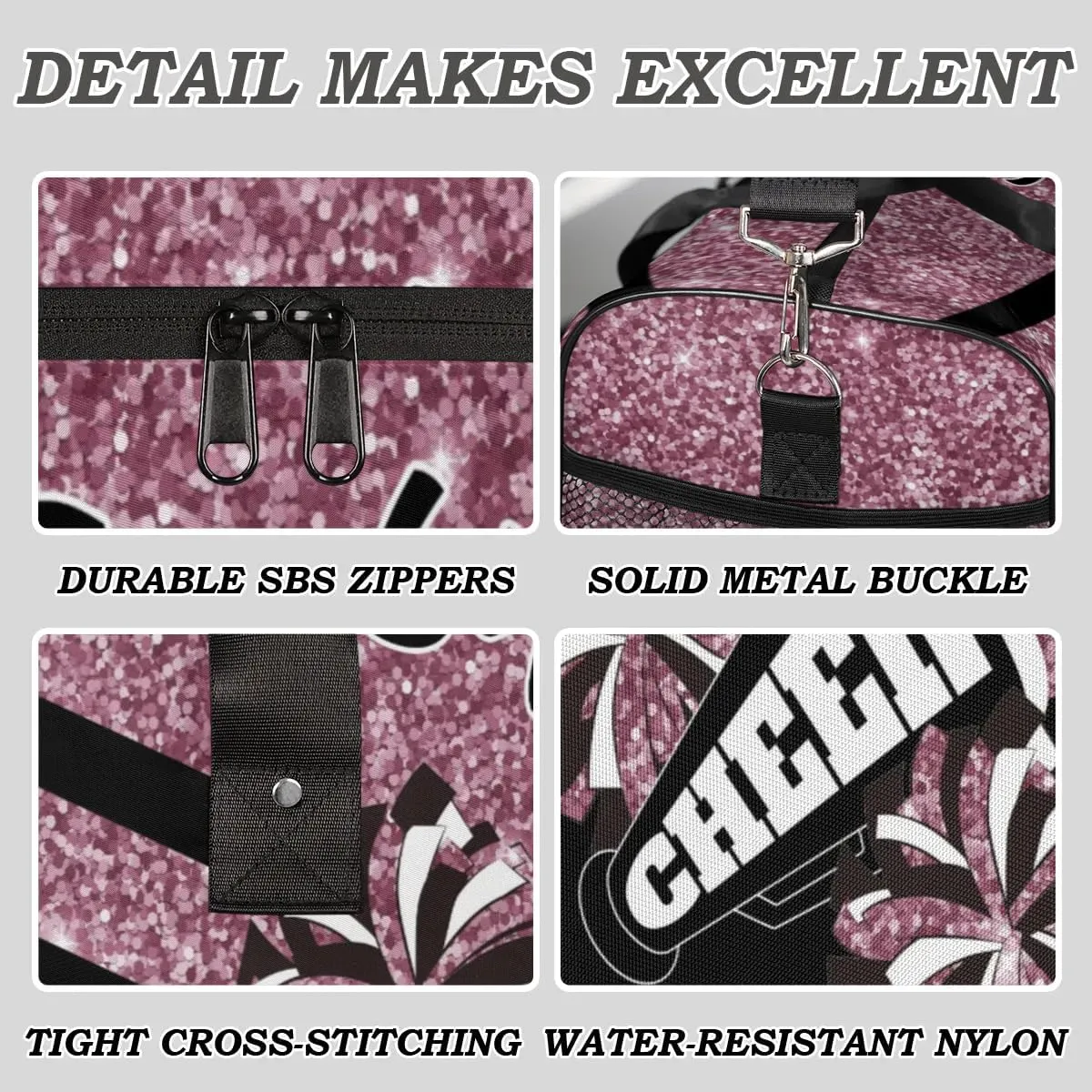 Personalized Name Sports Duffel Bag for Cheerleaders, Cheer Bag for Women, Custom Travel Duffle Bag, Cheerleading Weekender Bag, Gym Bag, Dark Pink Glitter