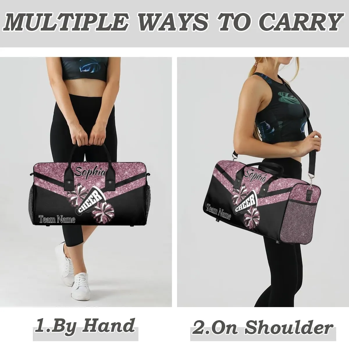 Personalized Name Sports Duffel Bag for Cheerleaders, Cheer Bag for Women, Custom Travel Duffle Bag, Cheerleading Weekender Bag, Gym Bag, Dark Pink Glitter