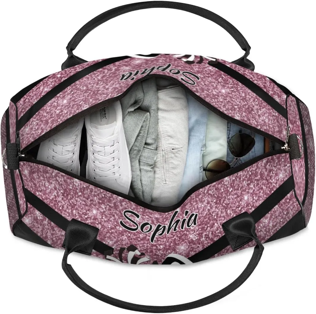 Personalized Name Sports Duffel Bag for Cheerleaders, Cheer Bag for Women, Custom Travel Duffle Bag, Cheerleading Weekender Bag, Gym Bag, Dark Pink Glitter