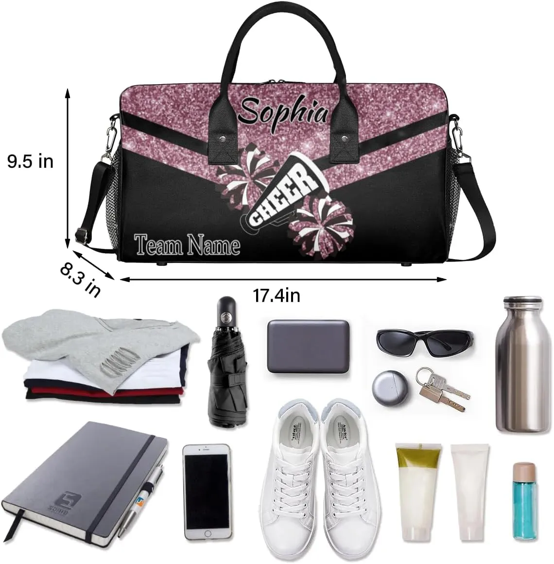 Personalized Name Sports Duffel Bag for Cheerleaders, Cheer Bag for Women, Custom Travel Duffle Bag, Cheerleading Weekender Bag, Gym Bag, Dark Pink Glitter