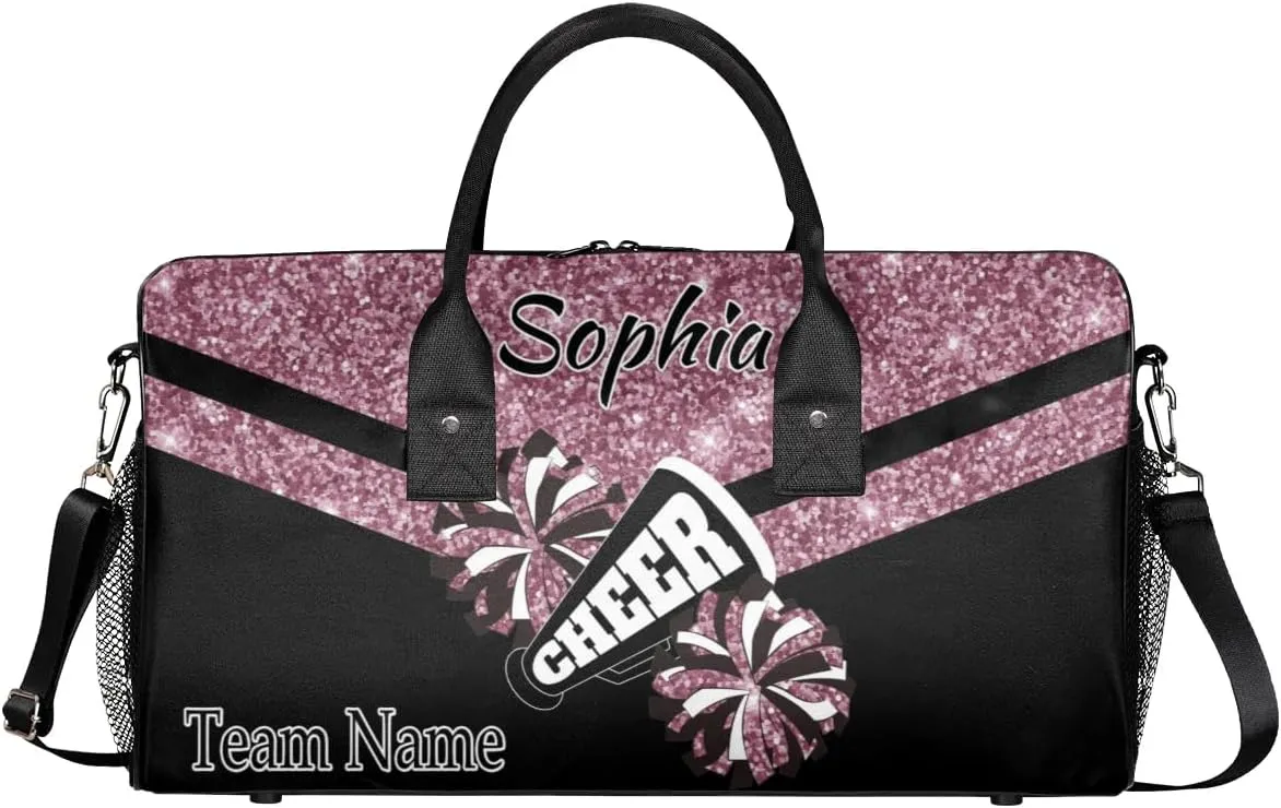 Personalized Name Sports Duffel Bag for Cheerleaders, Cheer Bag for Women, Custom Travel Duffle Bag, Cheerleading Weekender Bag, Gym Bag, Dark Pink Glitter