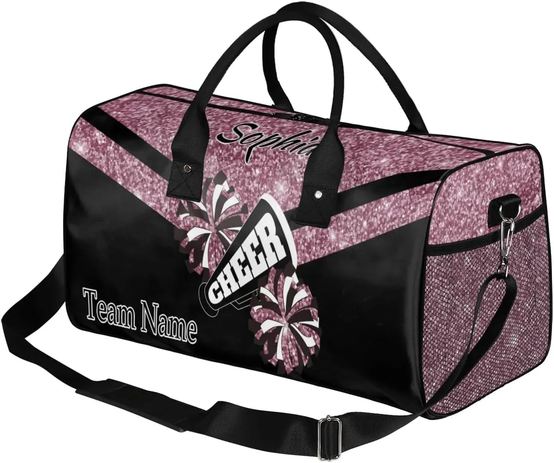 Personalized Name Sports Duffel Bag for Cheerleaders, Cheer Bag for Women, Custom Travel Duffle Bag, Cheerleading Weekender Bag, Gym Bag, Dark Pink Glitter