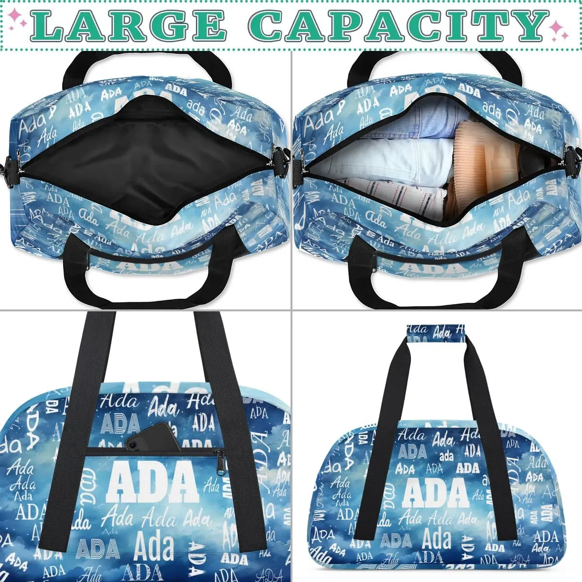 Personalized Name Sports Soccer Ball Bag, Cheerleader Bag Gym Dance Taekwondo Karate Duffel Bag Sleepover Weekender Training Bags Travel Duffel Bag, Watercolor Painted Blue