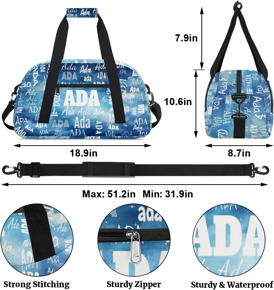 Personalized Name Sports Soccer Ball Bag, Cheerleader Bag Gym Dance Taekwondo Karate Duffel Bag Sleepover Weekender Training Bags Travel Duffel Bag, Watercolor Painted Blue