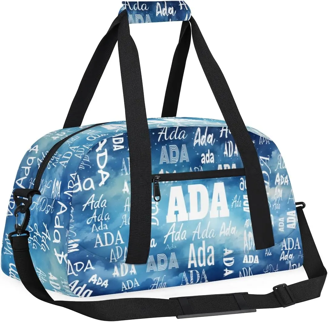 Personalized Name Sports Soccer Ball Bag, Cheerleader Bag Gym Dance Taekwondo Karate Duffel Bag Sleepover Weekender Training Bags Travel Duffel Bag, Watercolor Painted Blue