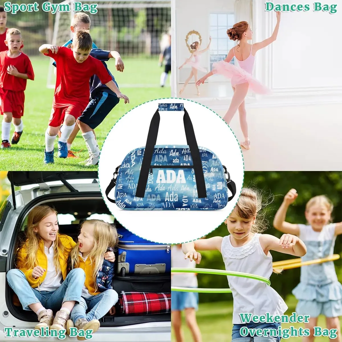 Personalized Name Sports Soccer Ball Bag, Cheerleader Bag Gym Dance Taekwondo Karate Duffel Bag Sleepover Weekender Training Bags Travel Duffel Bag, Watercolor Painted Blue