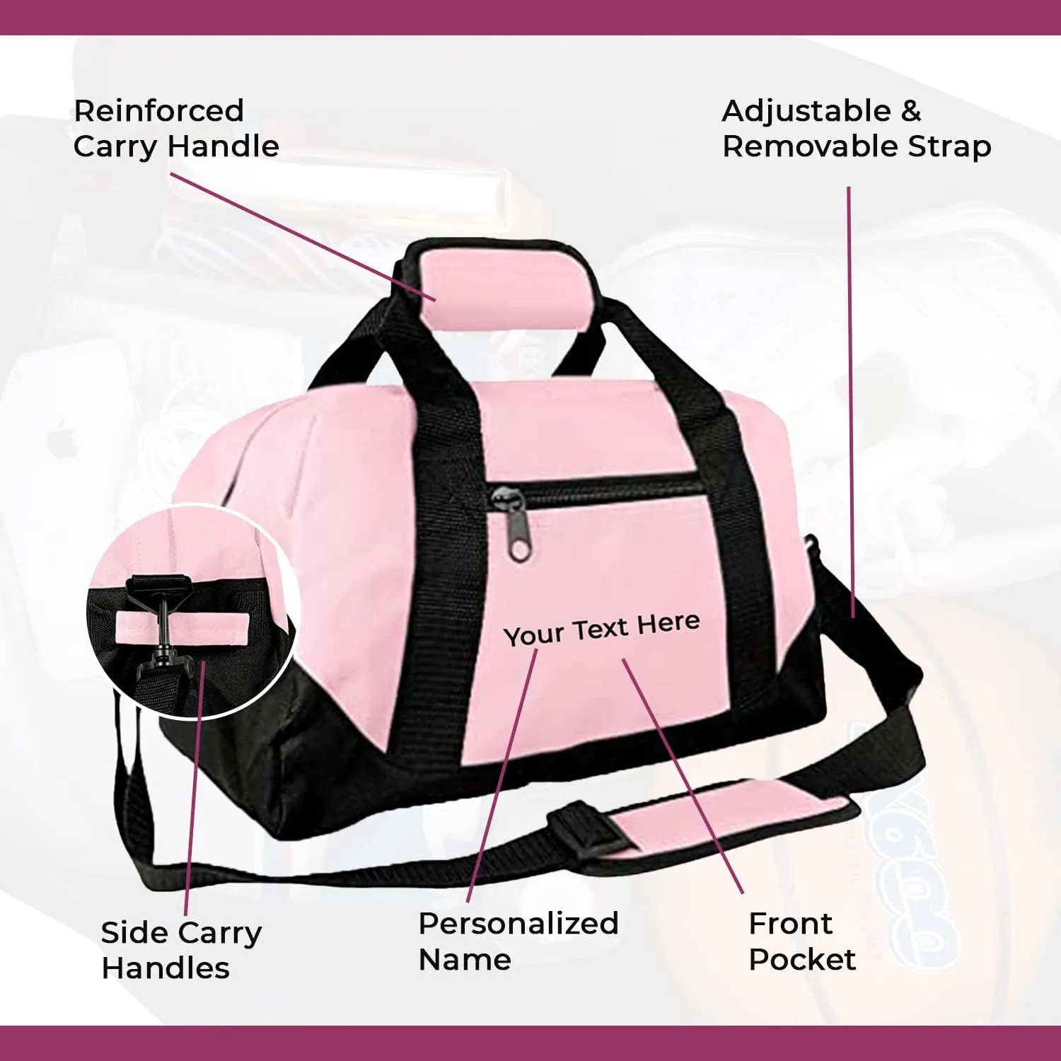 Personalized Passion Small Duffle Bag for Boys and Girls - Perfect Sized 14” Two Toned Travel Duffle - Personalized Name Sports Gym Bag for Storage - Pink