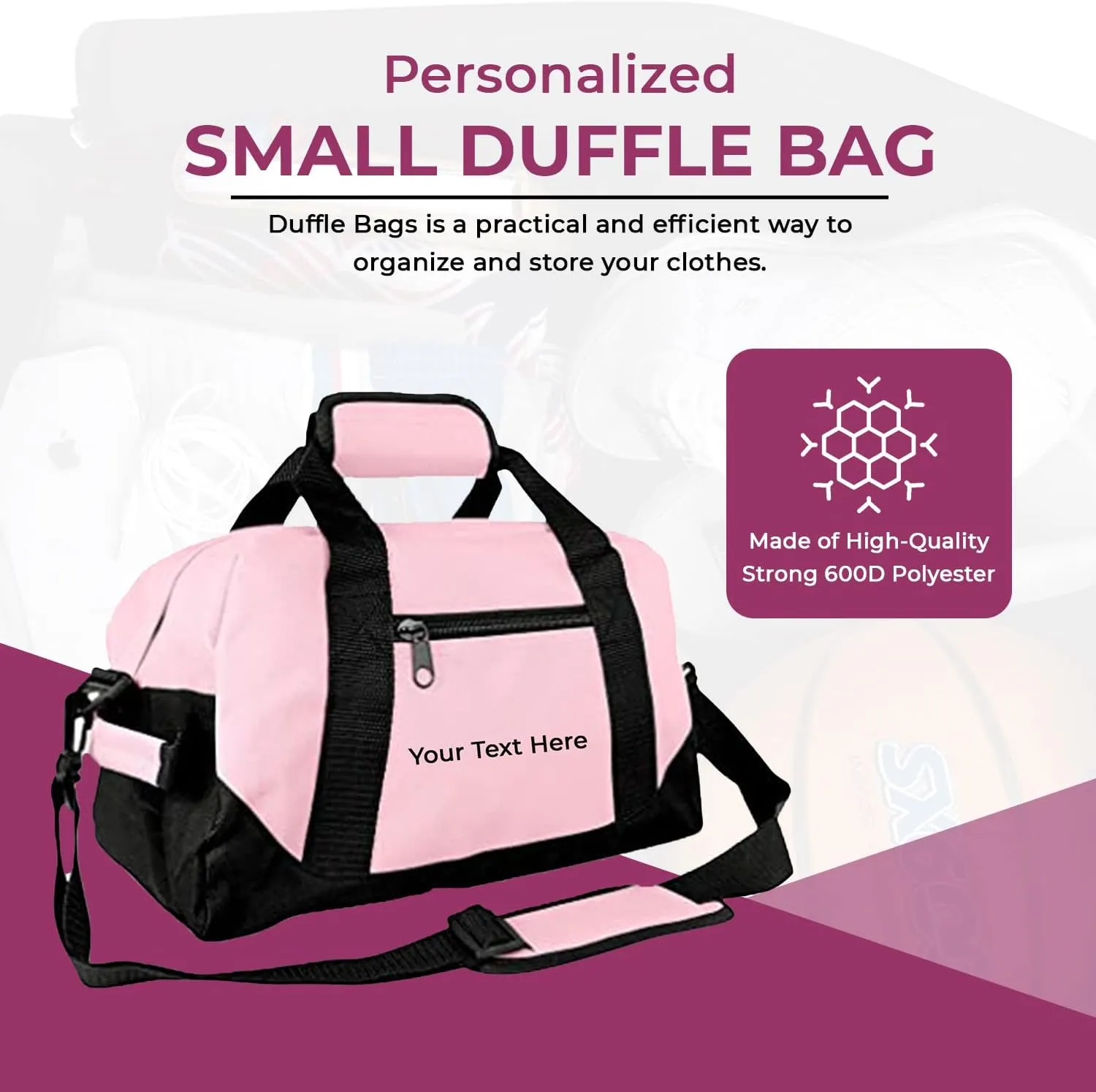 Personalized Passion Small Duffle Bag for Boys and Girls - Perfect Sized 14” Two Toned Travel Duffle - Personalized Name Sports Gym Bag for Storage - Pink