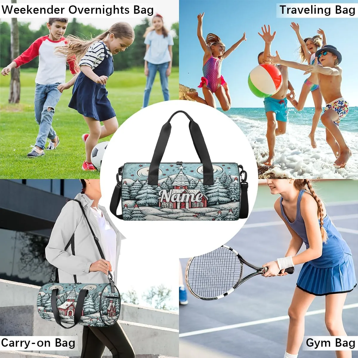 Personalized Sport Gym Bag Dance Duffle Ballet Bag Overnight Travel Sleepover Bags Swimming Hiking Camping, Christmas Village House