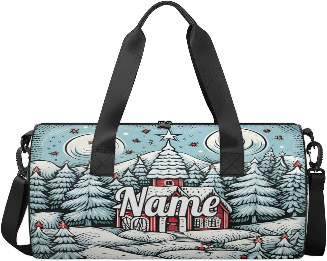 Personalized Sport Gym Bag Dance Duffle Ballet Bag Overnight Travel Sleepover Bags Swimming Hiking Camping, Christmas Village House