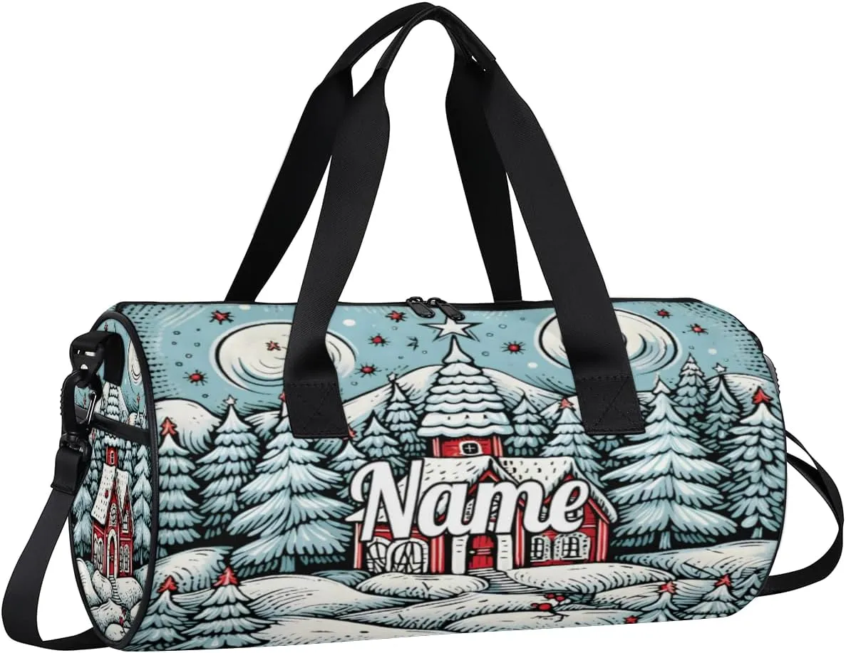 Personalized Sport Gym Bag Dance Duffle Ballet Bag Overnight Travel Sleepover Bags Swimming Hiking Camping, Christmas Village House