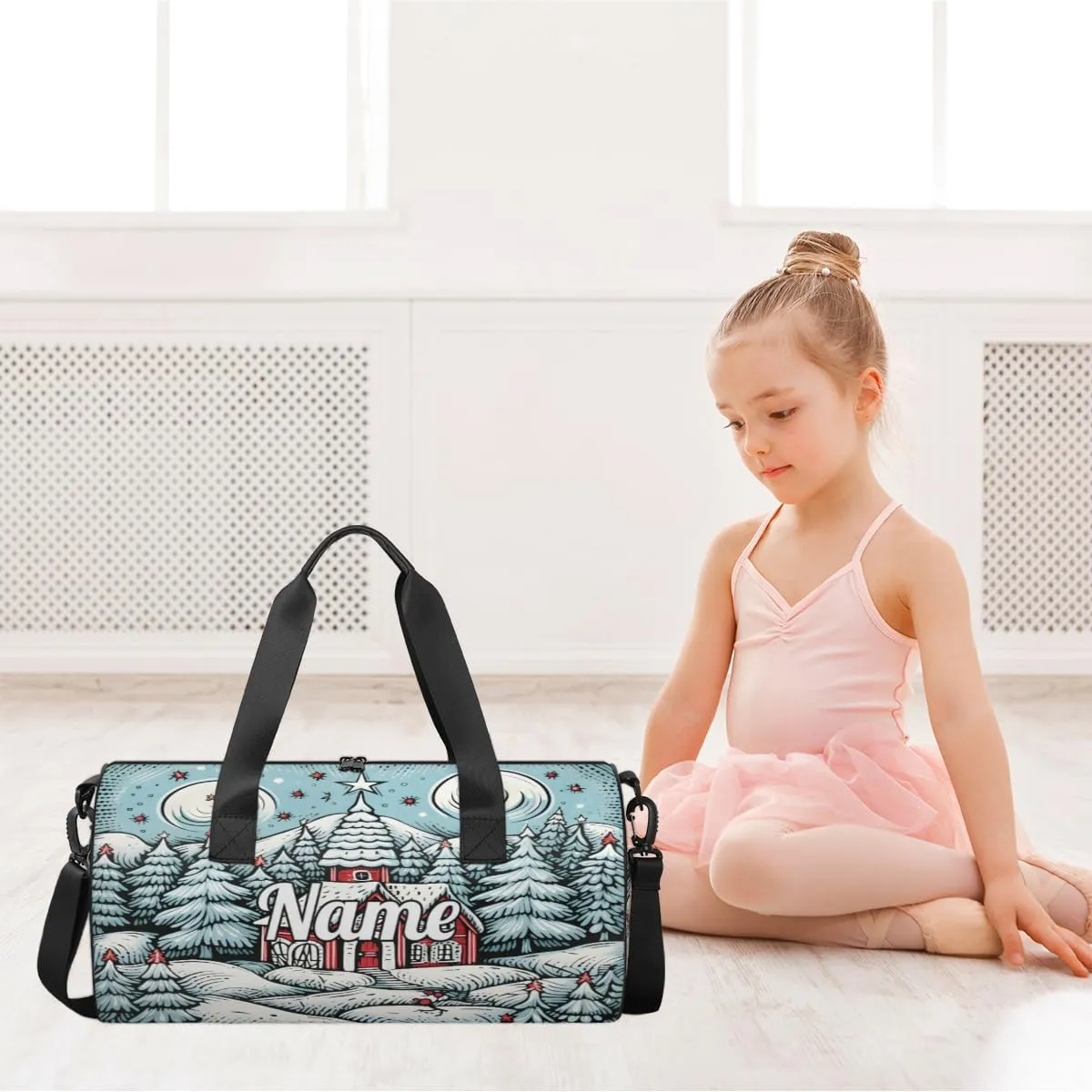 Personalized Sport Gym Bag Dance Duffle Ballet Bag Overnight Travel Sleepover Bags Swimming Hiking Camping, Christmas Village House