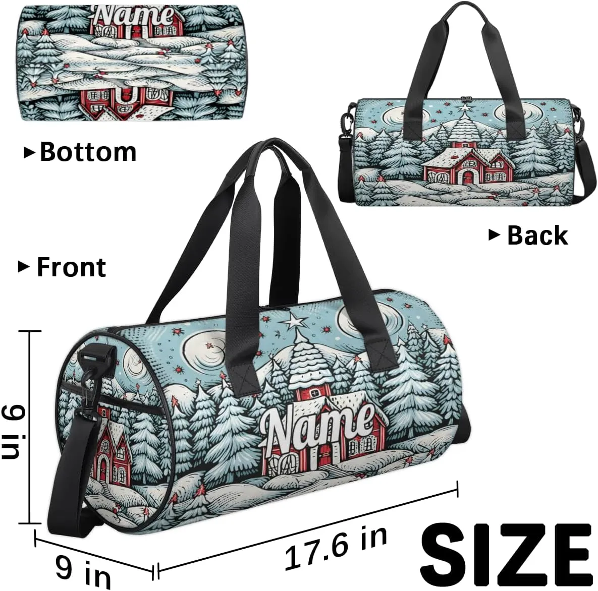 Personalized Sport Gym Bag Dance Duffle Ballet Bag Overnight Travel Sleepover Bags Swimming Hiking Camping, Christmas Village House