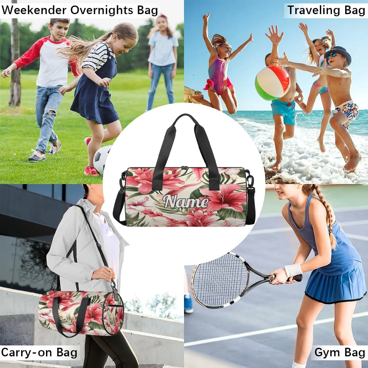 Personalized Sport Gym Bag Dance Duffle Ballet Bag Overnight Travel Sleepover Bags Swimming Hiking Camping, Coast Palm Leaf Flower