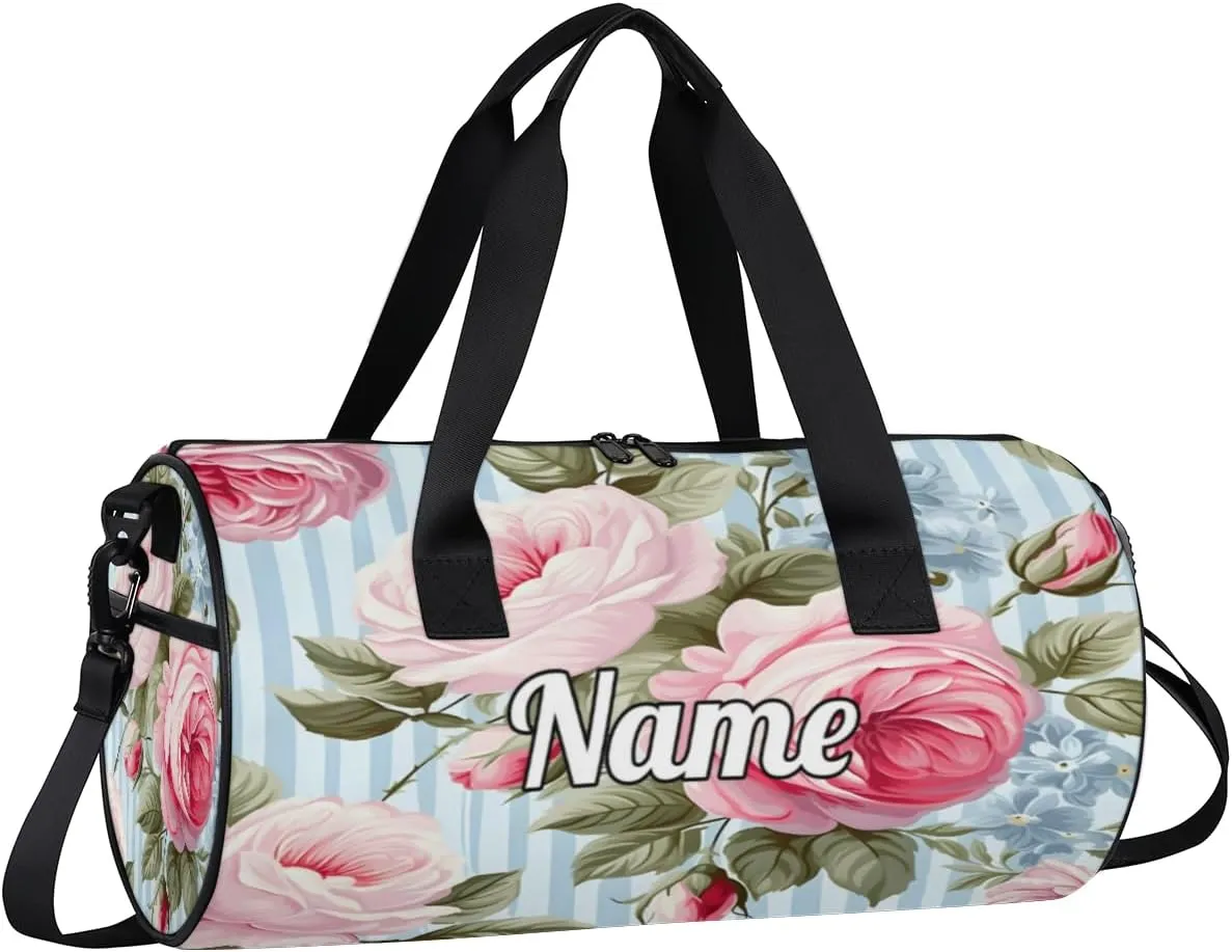 Personalized Sport Gym Bag Dance Duffle Ballet Bag Overnight Travel Sleepover Bags Swimming Hiking Camping, Pink Peony Rose