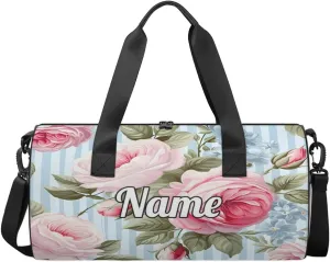 Personalized Sport Gym Bag Dance Duffle Ballet Bag Overnight Travel Sleepover Bags Swimming Hiking Camping, Pink Peony Rose