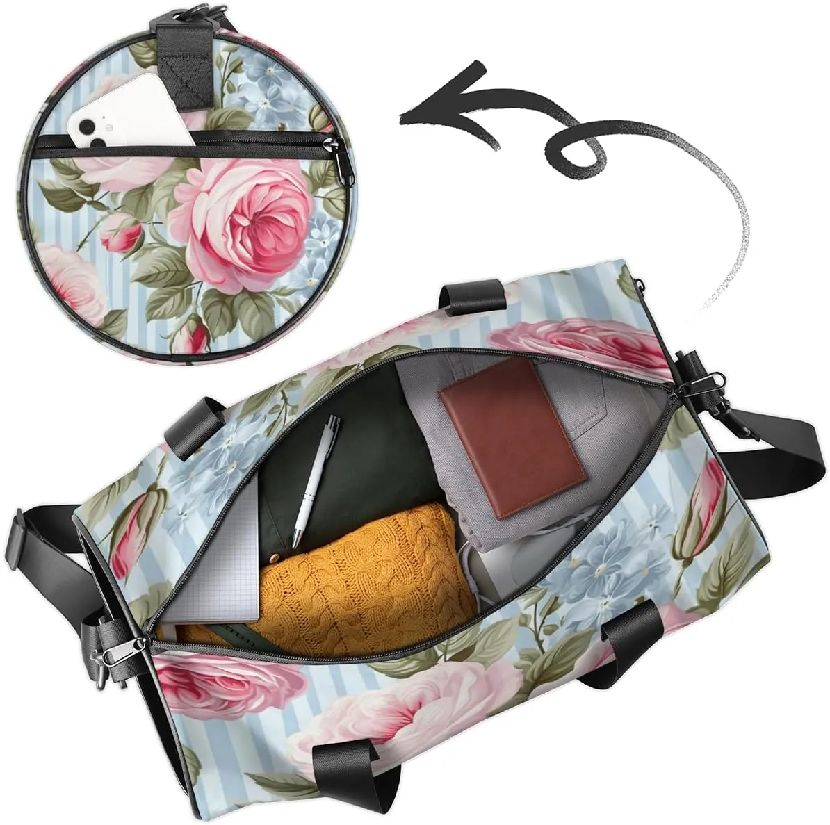 Personalized Sport Gym Bag Dance Duffle Ballet Bag Overnight Travel Sleepover Bags Swimming Hiking Camping, Pink Peony Rose