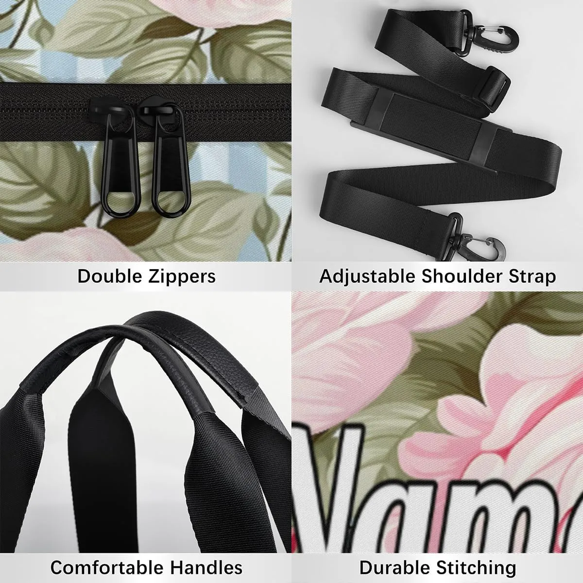 Personalized Sport Gym Bag Dance Duffle Ballet Bag Overnight Travel Sleepover Bags Swimming Hiking Camping, Pink Peony Rose