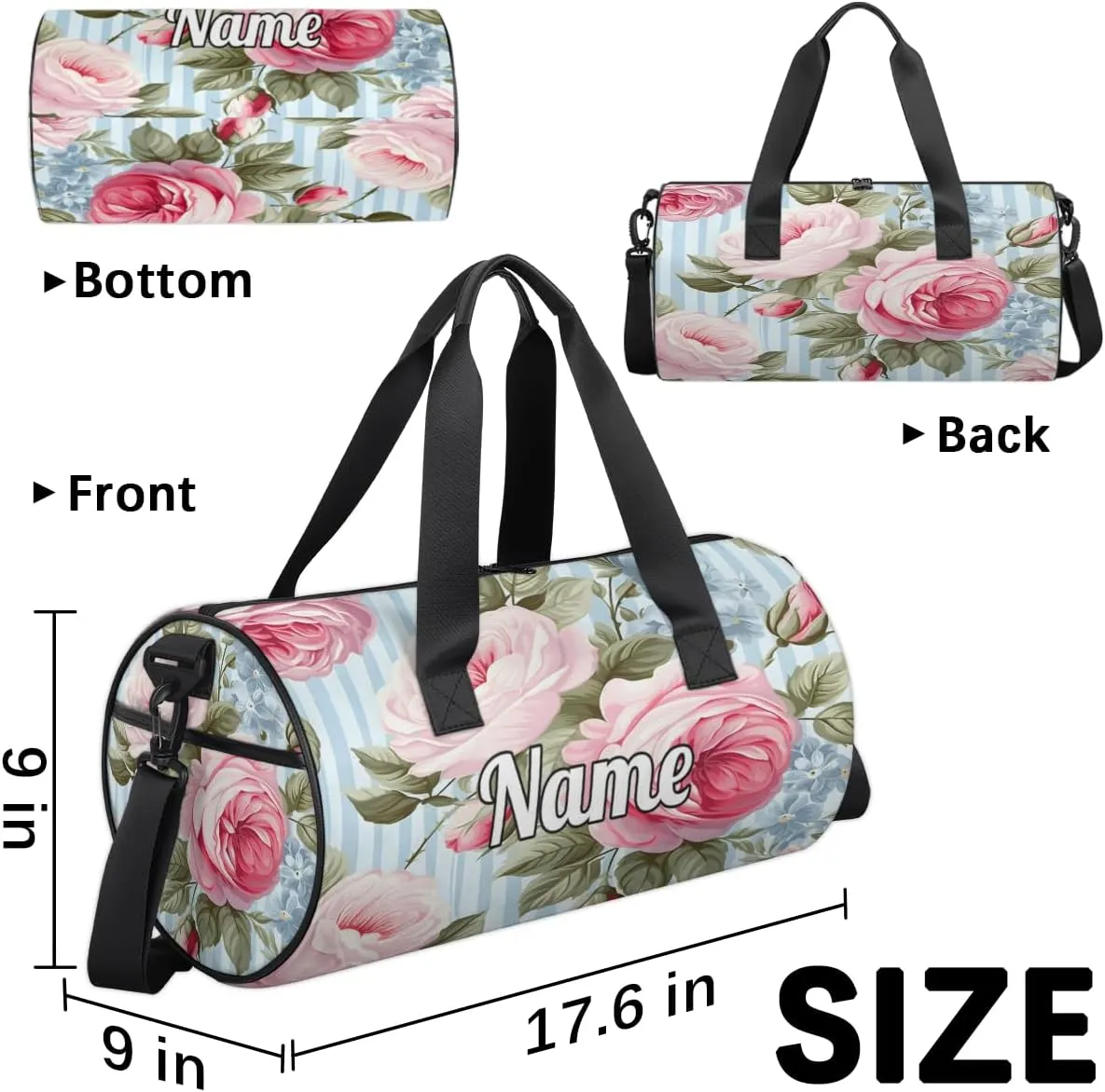 Personalized Sport Gym Bag Dance Duffle Ballet Bag Overnight Travel Sleepover Bags Swimming Hiking Camping, Pink Peony Rose