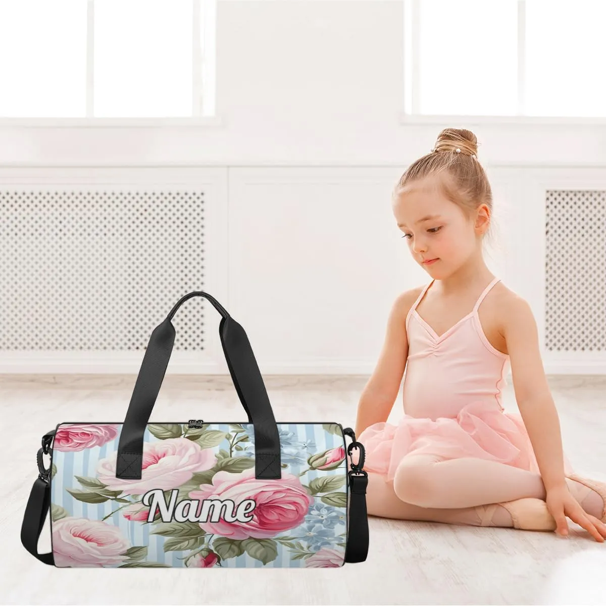 Personalized Sport Gym Bag Dance Duffle Ballet Bag Overnight Travel Sleepover Bags Swimming Hiking Camping, Pink Peony Rose