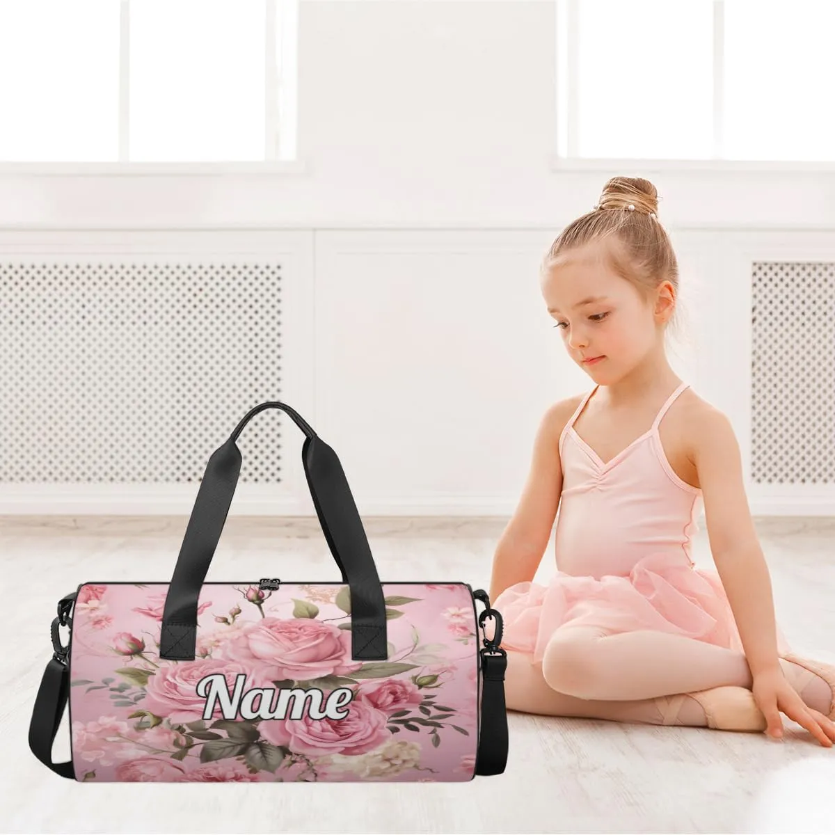 Personalized Sport Gym Bag Dance Duffle Ballet Bag Overnight Travel Sleepover Bags Swimming Hiking Camping, Pink Roses