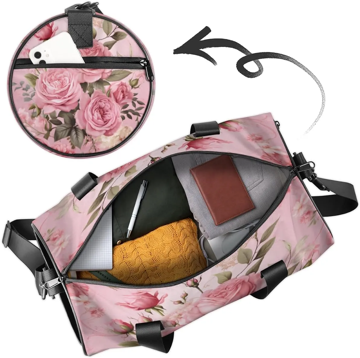 Personalized Sport Gym Bag Dance Duffle Ballet Bag Overnight Travel Sleepover Bags Swimming Hiking Camping, Pink Roses