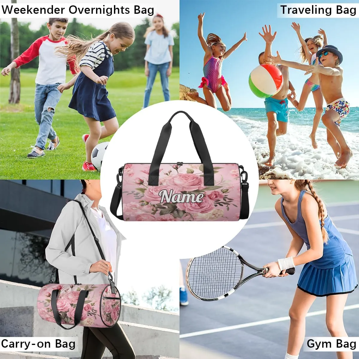 Personalized Sport Gym Bag Dance Duffle Ballet Bag Overnight Travel Sleepover Bags Swimming Hiking Camping, Pink Roses