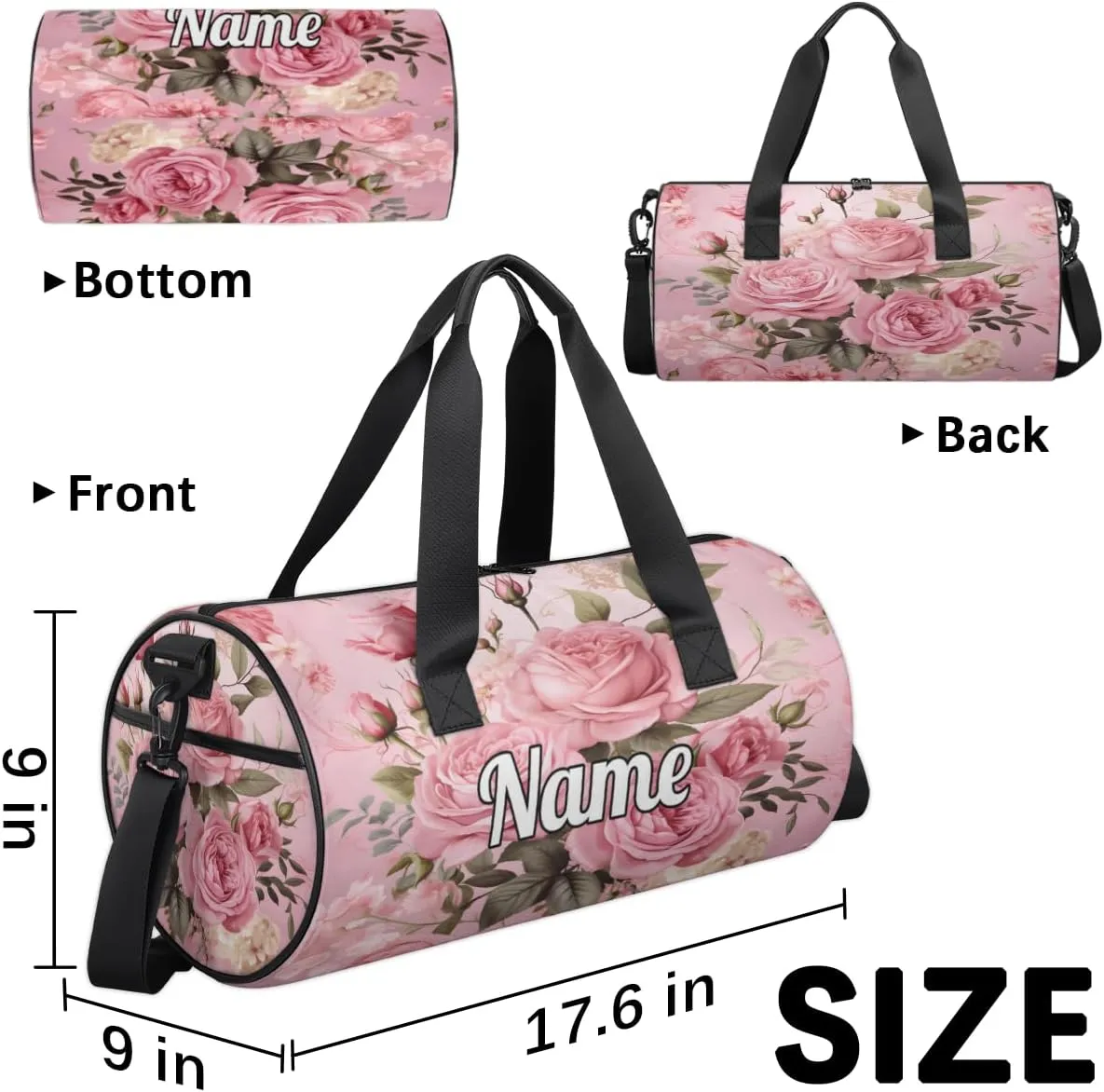 Personalized Sport Gym Bag Dance Duffle Ballet Bag Overnight Travel Sleepover Bags Swimming Hiking Camping, Pink Roses