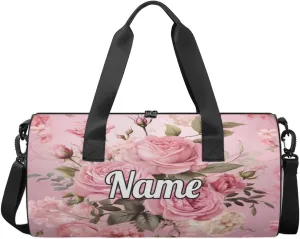 Personalized Sport Gym Bag Dance Duffle Ballet Bag Overnight Travel Sleepover Bags Swimming Hiking Camping, Pink Roses