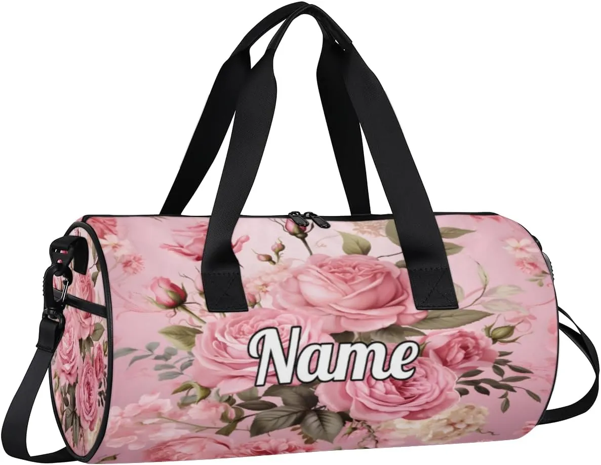 Personalized Sport Gym Bag Dance Duffle Ballet Bag Overnight Travel Sleepover Bags Swimming Hiking Camping, Pink Roses