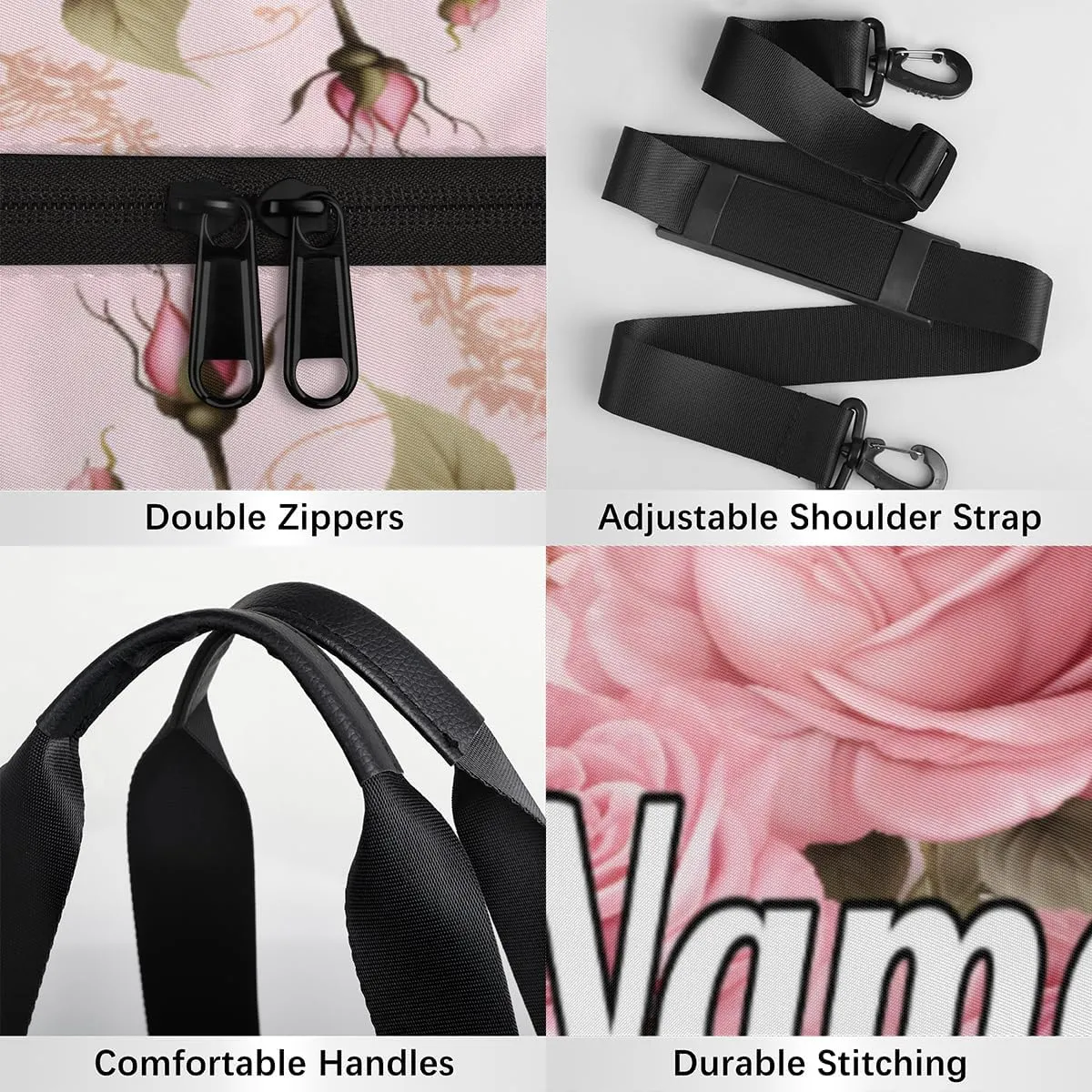 Personalized Sport Gym Bag Dance Duffle Ballet Bag Overnight Travel Sleepover Bags Swimming Hiking Camping, Pink Roses