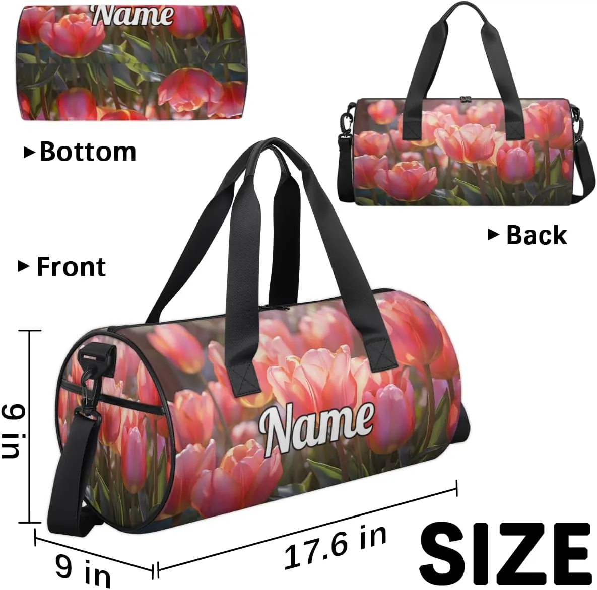 Personalized Sport Gym Bag Dance Duffle Ballet Bag Overnight Travel Sleepover Bags Swimming Hiking Camping, Pink Tulip
