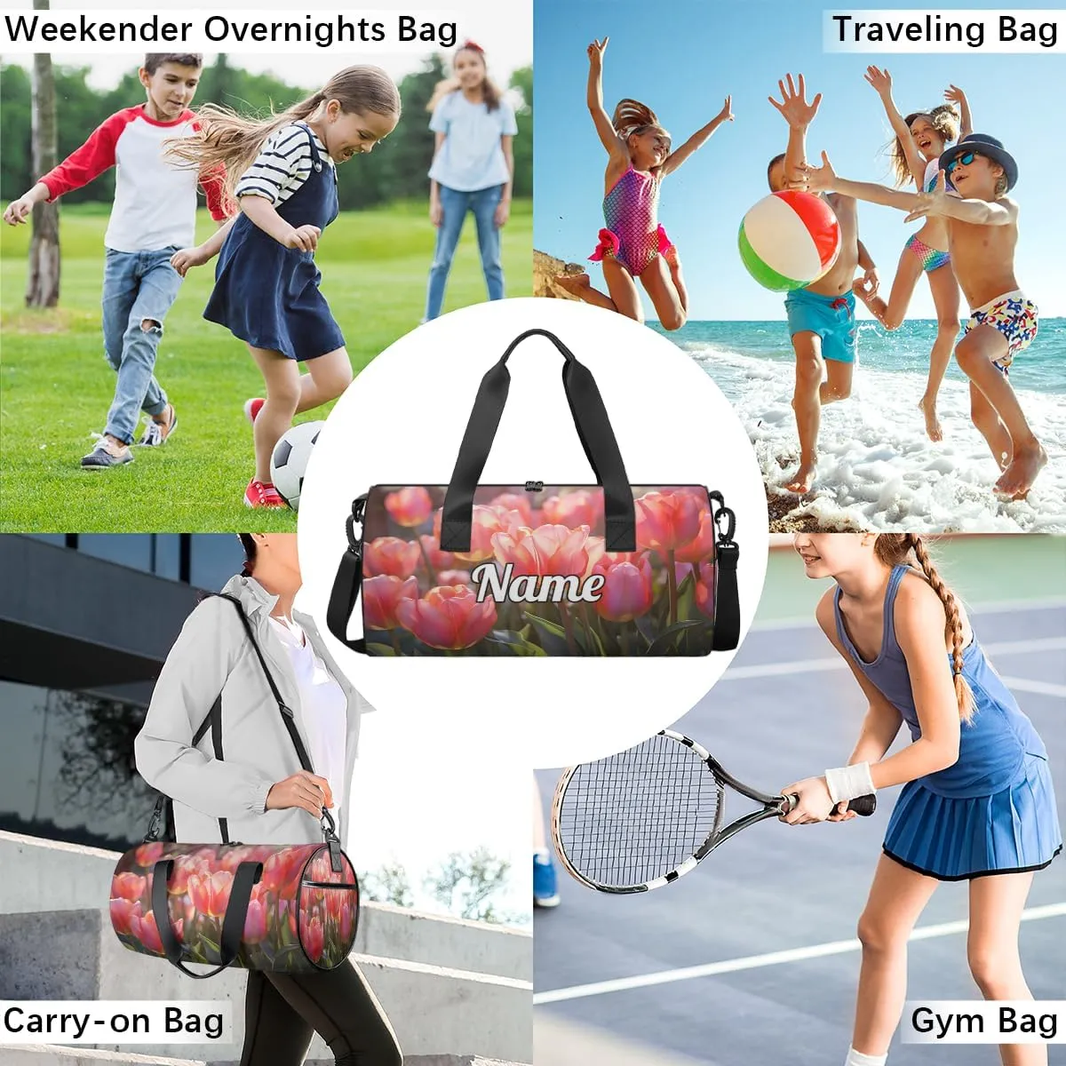 Personalized Sport Gym Bag Dance Duffle Ballet Bag Overnight Travel Sleepover Bags Swimming Hiking Camping, Pink Tulip