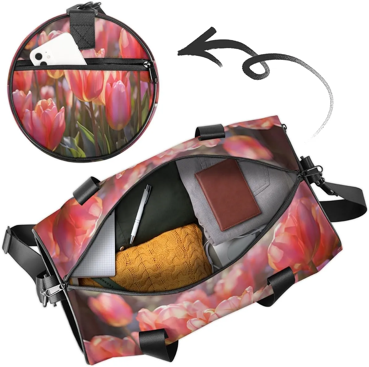 Personalized Sport Gym Bag Dance Duffle Ballet Bag Overnight Travel Sleepover Bags Swimming Hiking Camping, Pink Tulip