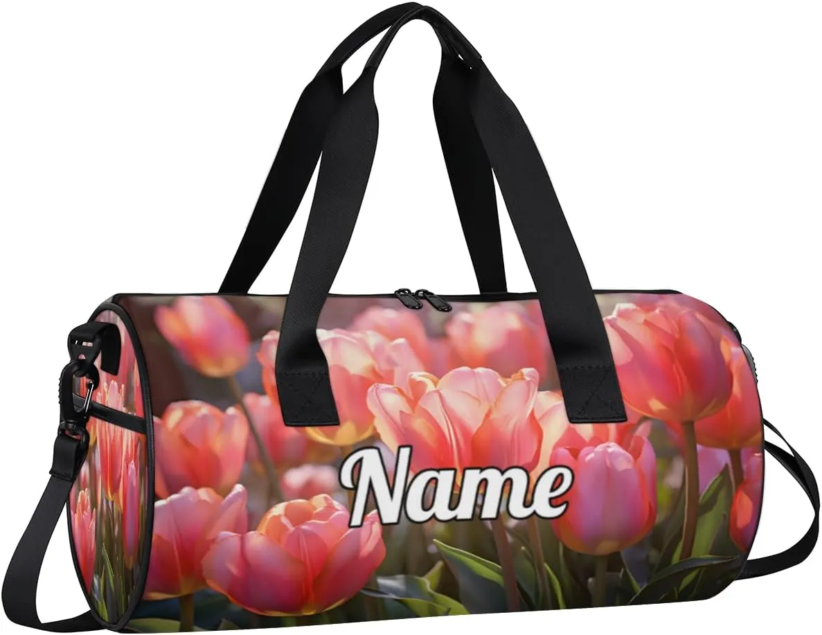 Personalized Sport Gym Bag Dance Duffle Ballet Bag Overnight Travel Sleepover Bags Swimming Hiking Camping, Pink Tulip