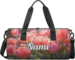 Personalized Sport Gym Bag Dance Duffle Ballet Bag Overnight Travel Sleepover Bags Swimming Hiking Camping, Pink Tulip