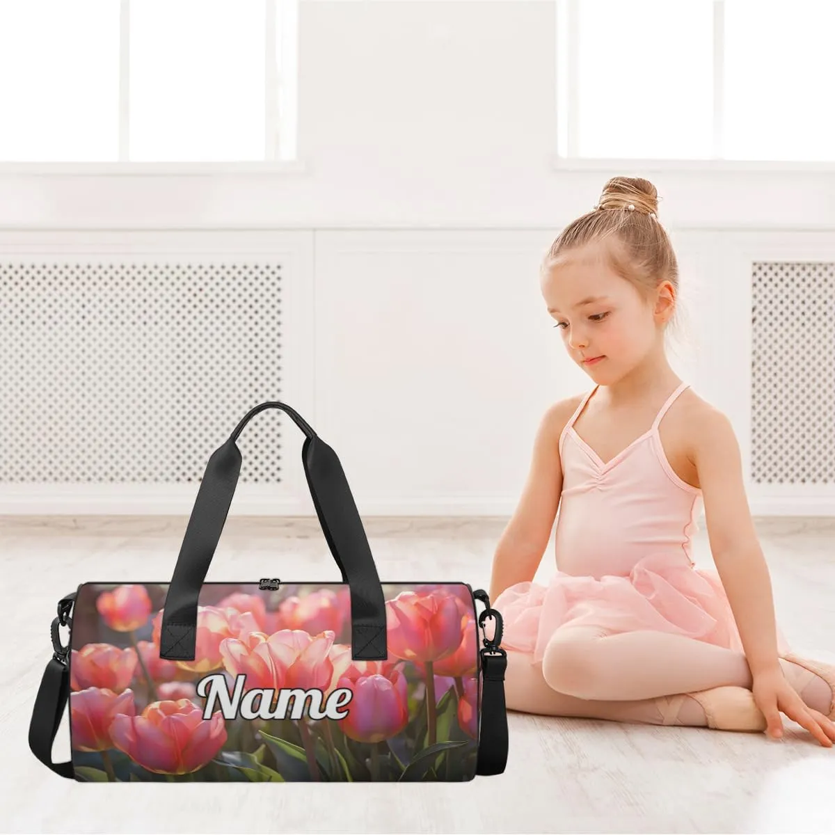 Personalized Sport Gym Bag Dance Duffle Ballet Bag Overnight Travel Sleepover Bags Swimming Hiking Camping, Pink Tulip