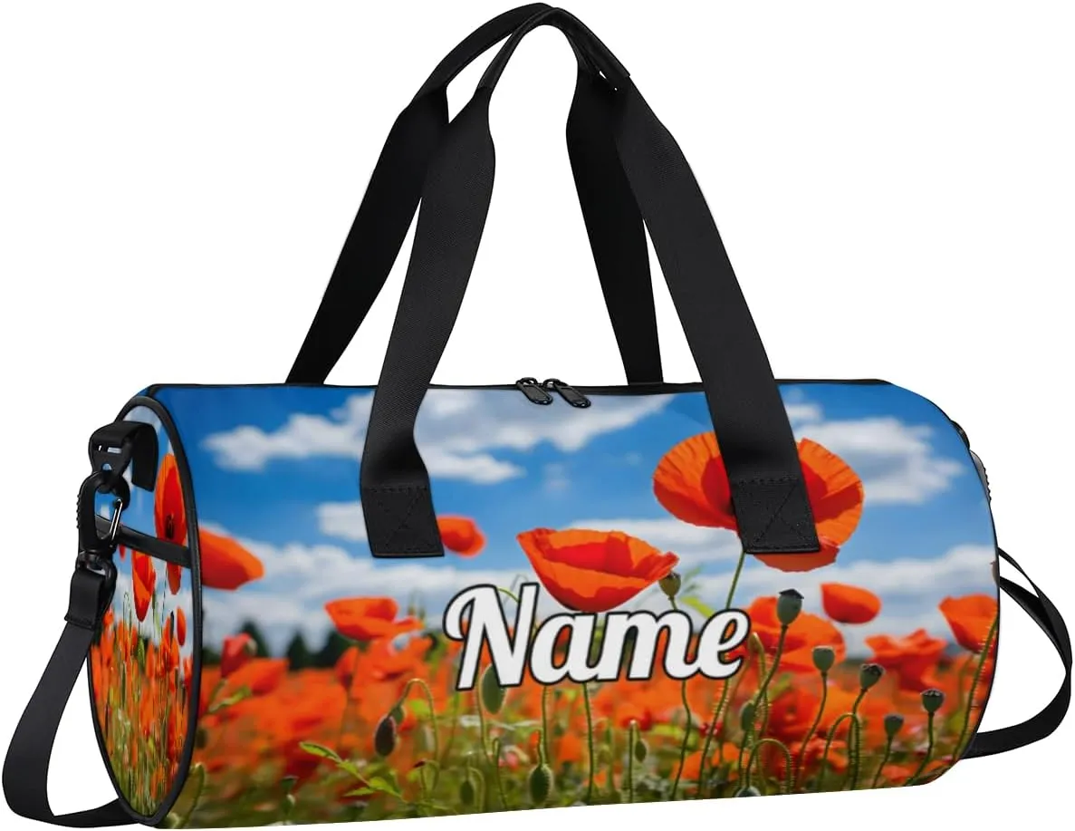 Personalized Sport Gym Bag Dance Duffle Ballet Bag Overnight Travel Sleepover Bags Swimming Hiking Camping, Red Flower Poppy Petal