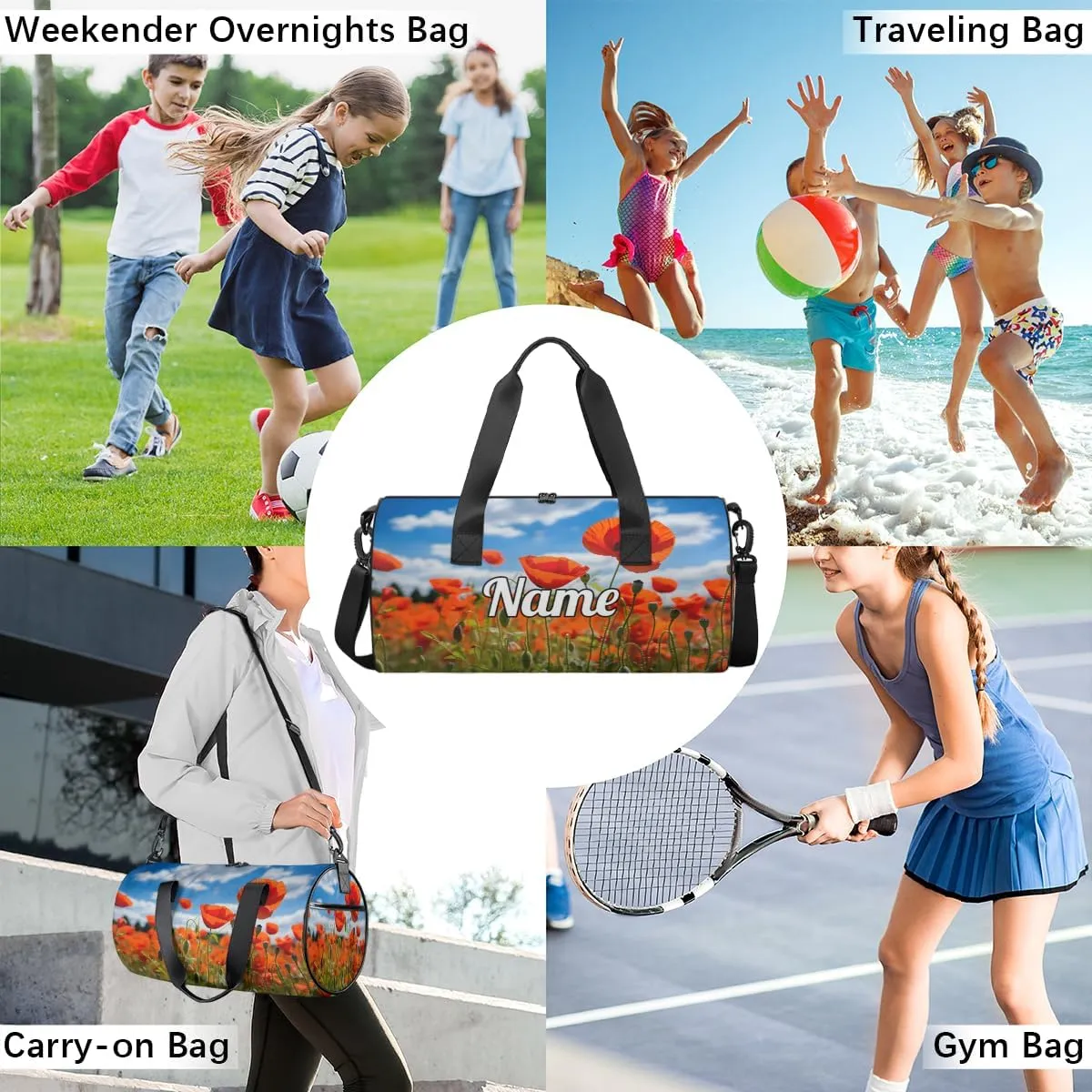 Personalized Sport Gym Bag Dance Duffle Ballet Bag Overnight Travel Sleepover Bags Swimming Hiking Camping, Red Flower Poppy Petal