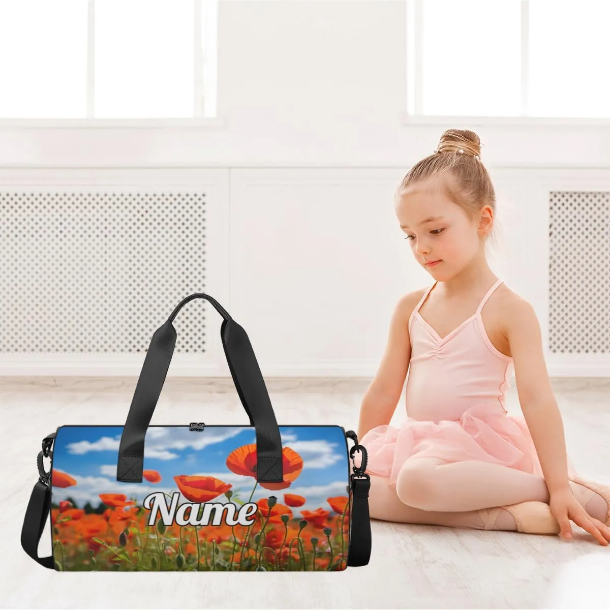 Personalized Sport Gym Bag Dance Duffle Ballet Bag Overnight Travel Sleepover Bags Swimming Hiking Camping, Red Flower Poppy Petal