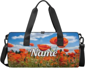 Personalized Sport Gym Bag Dance Duffle Ballet Bag Overnight Travel Sleepover Bags Swimming Hiking Camping, Red Flower Poppy Petal