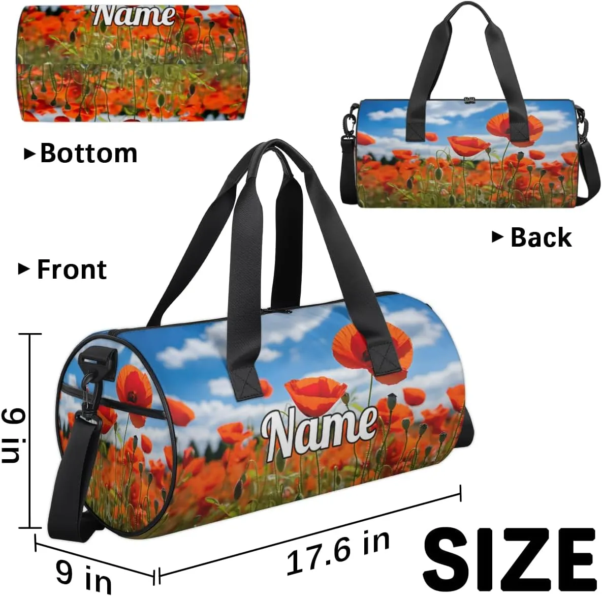 Personalized Sport Gym Bag Dance Duffle Ballet Bag Overnight Travel Sleepover Bags Swimming Hiking Camping, Red Flower Poppy Petal