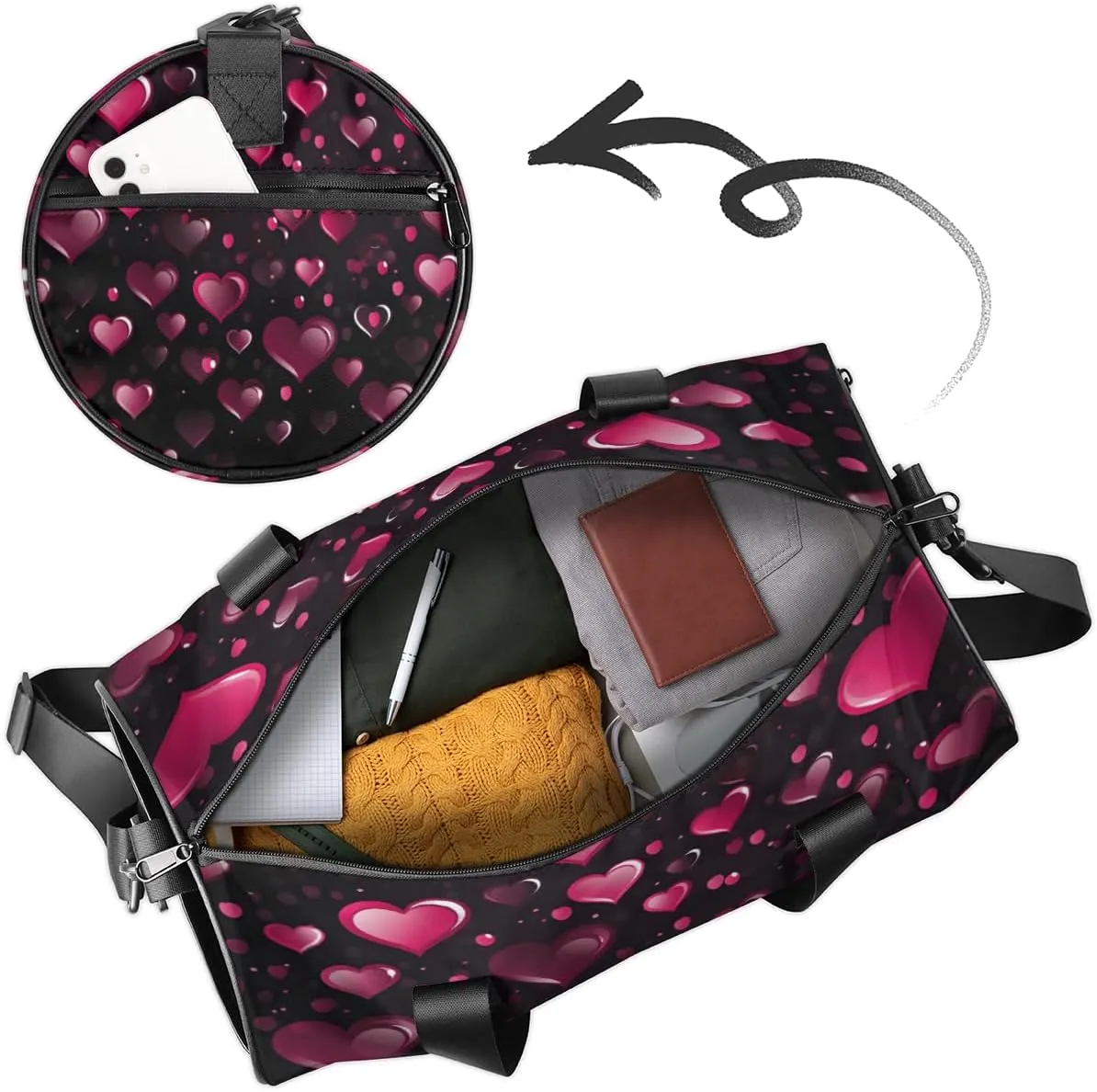 Personalized Sport Gym Bag Dance Duffle Ballet Bag Overnight Travel Sleepover Bags Swimming Hiking Camping, Red Heart Shape Valentines Day