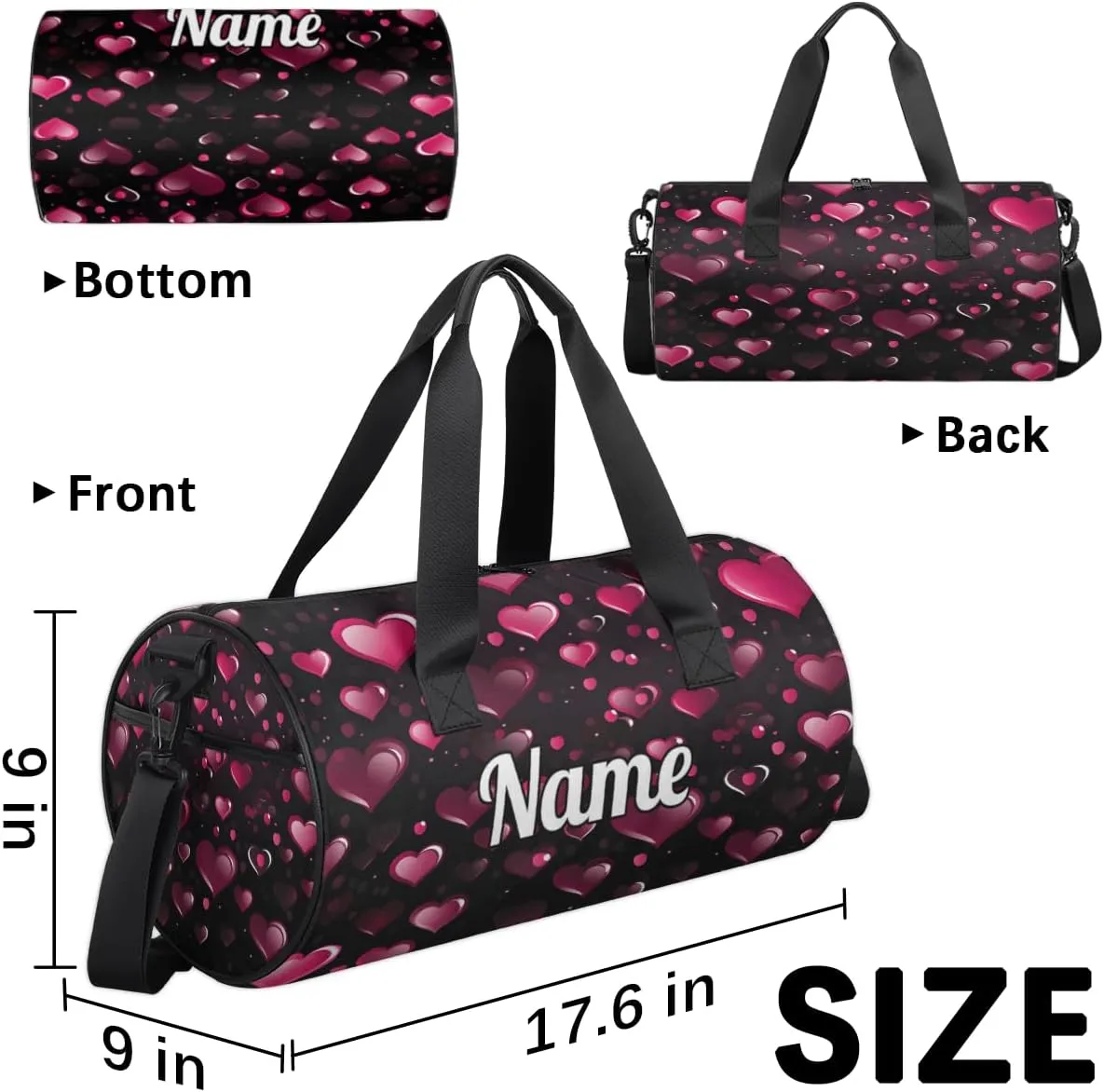 Personalized Sport Gym Bag Dance Duffle Ballet Bag Overnight Travel Sleepover Bags Swimming Hiking Camping, Red Heart Shape Valentines Day