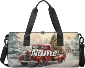 Personalized Sport Gym Bag Dance Duffle Ballet Bag Overnight Travel Sleepover Bags Swimming Hiking Camping, Red Truck with Christmas Tree